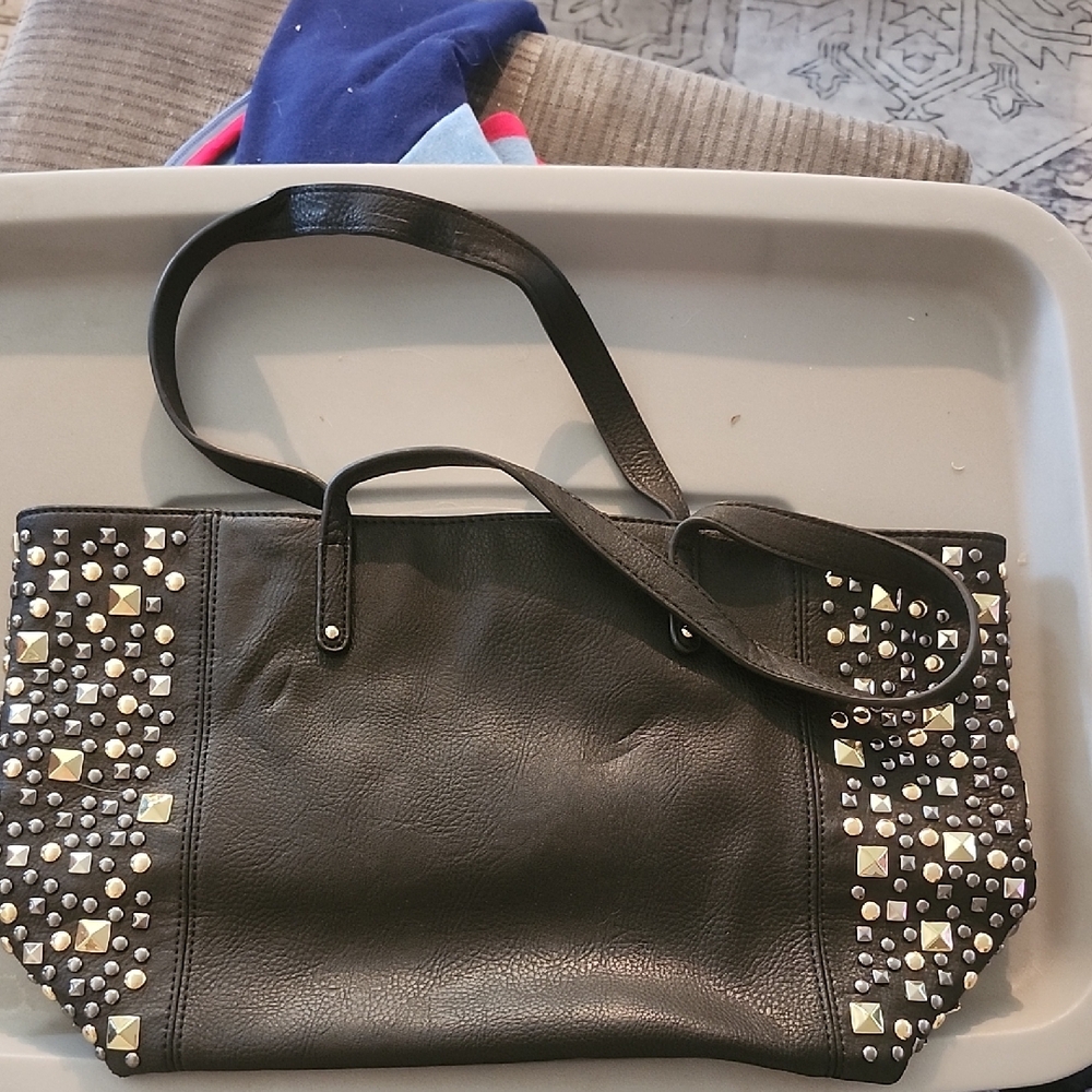 Studded Black Leather Tote Bag